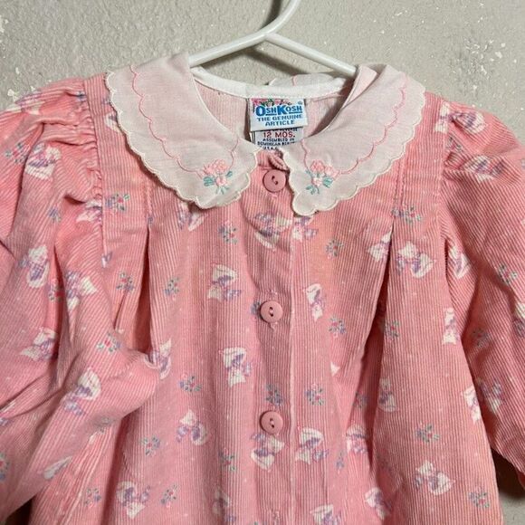 VTG 80s OshKosh Bubble Romper 12M Pink Corduroy Cat Print Peter Pan Collar - Picture 4 of 7